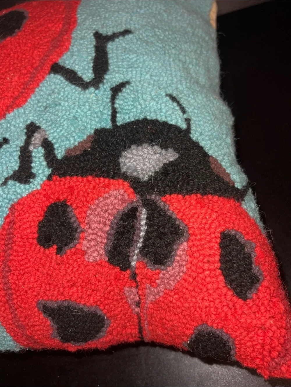 Peking Handicrafts wool ladybug pillow 18” x 18”poly velvet back - NWT